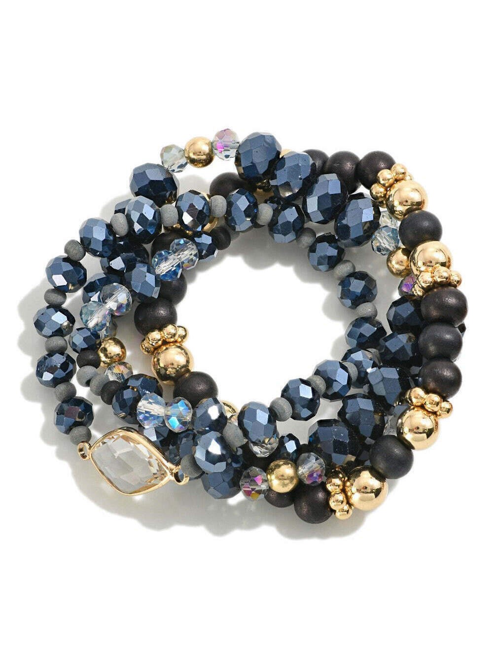 Black Beaded Stretch Bracelet Set Gold Accent Crystal Charm Stack of 4